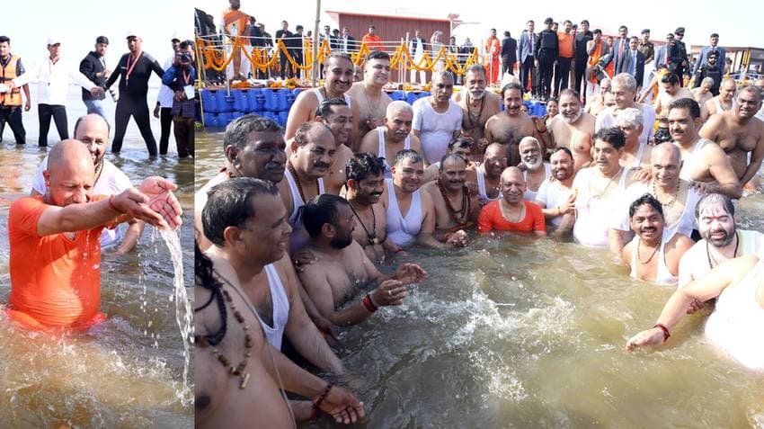 CM Yogi, His Ministers Take Holy Dip At Triveni Sangam