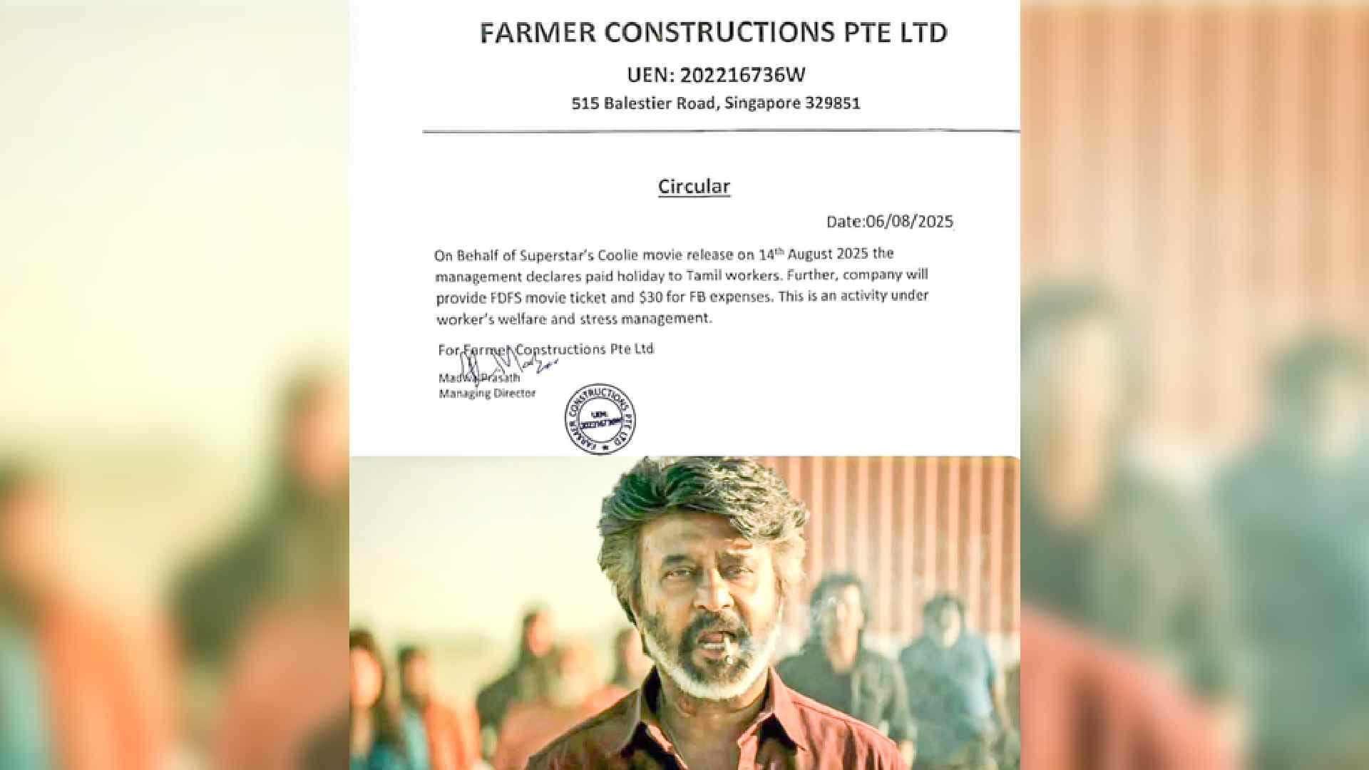 Company Offers Paid Holiday For Its Tamil Workers To Watch Rajinikanth's 'Coolie'!