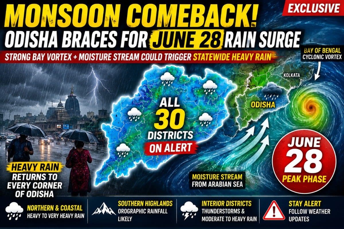 Monsoon Set to Rebound Over Odisha After Brief Lull; June 28 Could Bring Statewide Heavy Rainfall Surge, Check your District | Exclusive