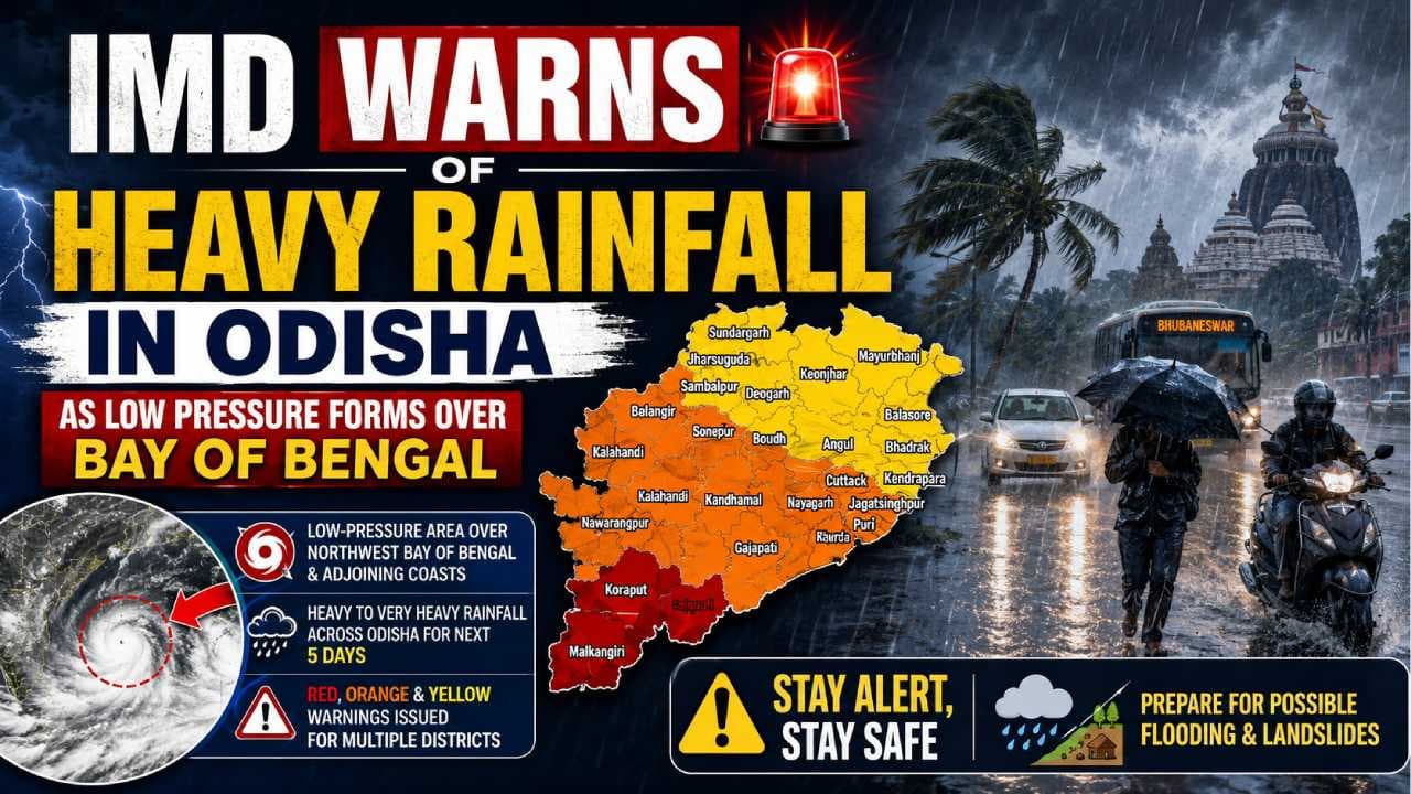 IMD Warns of Heavy Rainfall in Odisha as Low Pressure Forms Over Bay of Bengal; Red Alert Issued