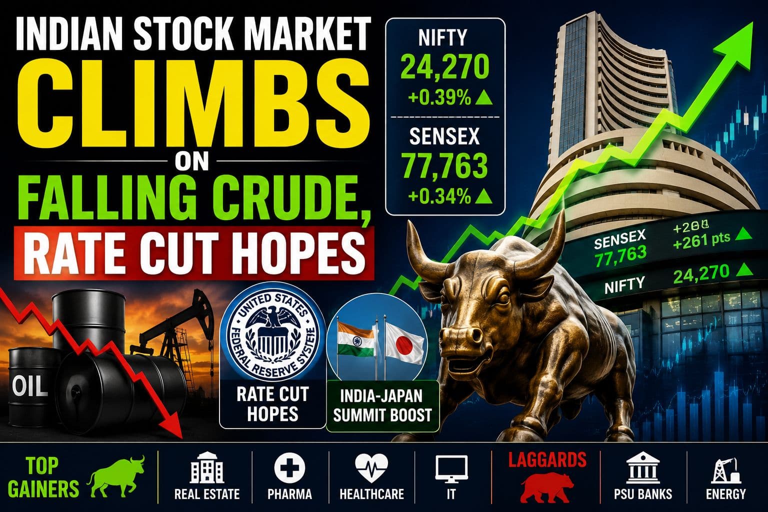 Indian Stock Market Climbs on Falling Crude, Rate Cut Hopes