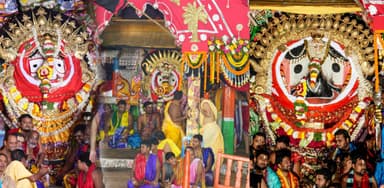 Lord Jagannath, Lord Balabhadra and Devi Subhadra Adorn Golden Attire on Chariots in Puri