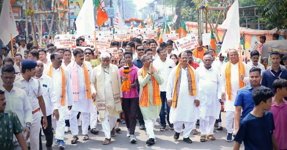 Dharmendra Pradhan Leads 'Seva Jyoti Yatra' Foot March in Anugola Marking PM Modi's 25 Years in Public Service